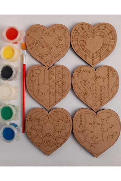 Ebrulisler Kalp 6'lı Ahşap Boyama Bardak Altlığı Hobi Seti