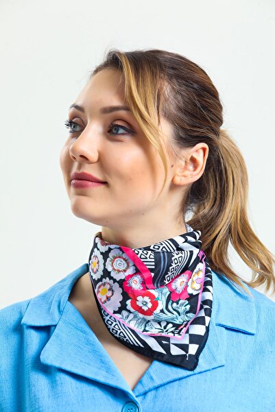 chaqpell Kadın Çiçek Desenli Siyah Beyaz Vegan Ipek Fular Bandana