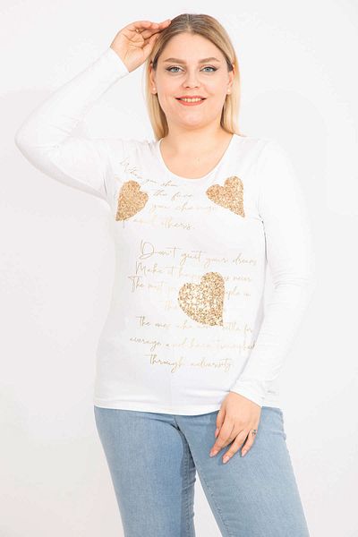 Şans Bluză de damă, albă, cu paiete și imprimeu, cu mânecă lungă, cu mânecă lungă, din Lycra 65n35459