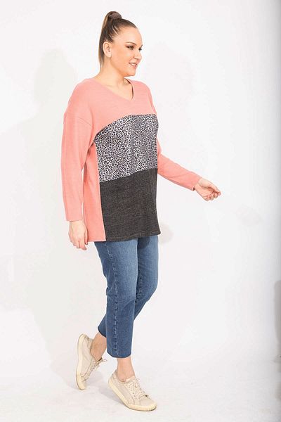 Şans Women's Large Size Colorful Comfortable Cut Soft Fabric Color and Pattern Combination Sweatshirt 65n35489
