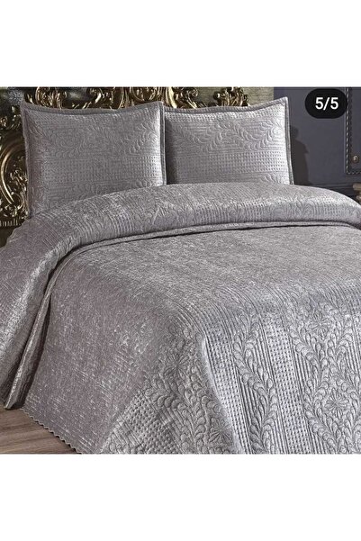 Kadınca Dükkan Tek Kişilik Velür Kadife Yatak Örtüsü Takımı Gri