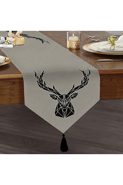 Sister Home Design Gri Zemin Geyik Üçgen Püsküllü Ranır - Runner