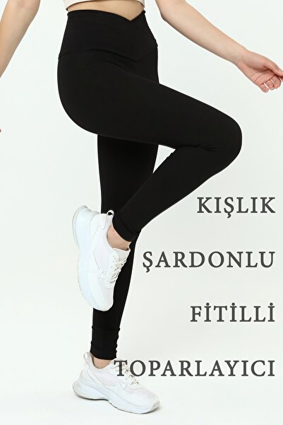 Kadın Fitilli Şardonlu, Içi Polarlı Yüksek Bel Toparlayıcı Siyah Çapraz Bel Interlok Örme Tayt