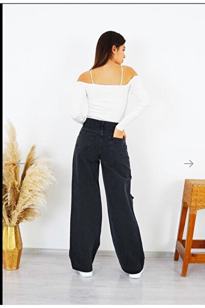 Trn JNS Rodya 90's Kadın Yırtık Siyah Salaş Likralı Süper Yüksek Bel 90's Denim Kot Pantolon Jeans