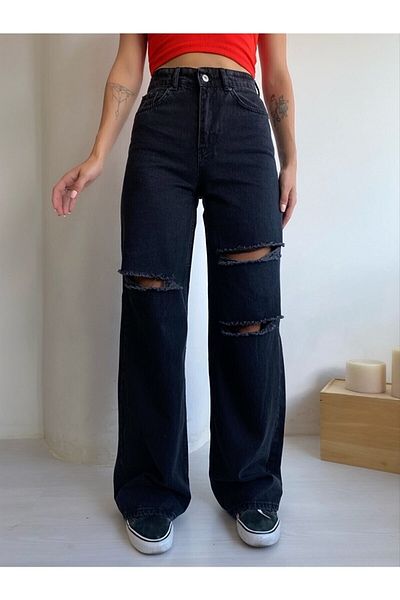 Trn JNS Sacha Anii 90 Femei Ripped Negru Largi Lycra Talie Super Înaltă Anii 90 Denim Jeans Pantaloni Blugi