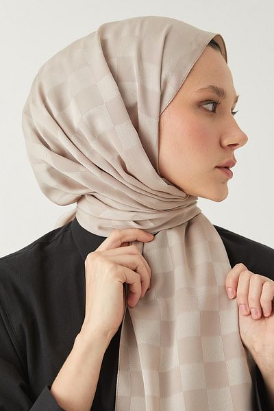 FRESCO SCARFS Γυναικείο σάλι Hijab Μεταξένιο βαμβακερό ζακάρ σκακιέρα*μπεζ