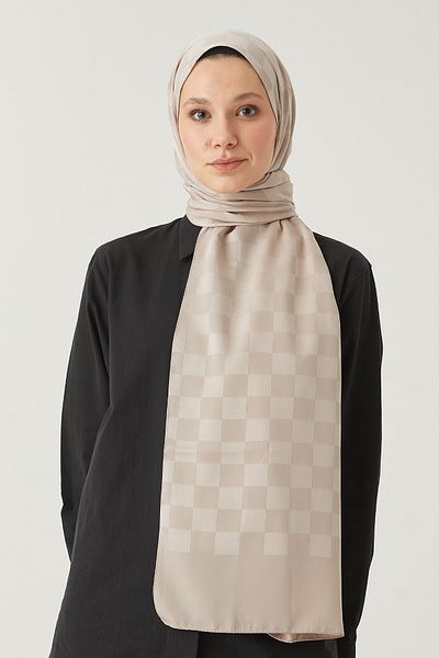 FRESCO SCARFS Γυναικείο σάλι Hijab Μεταξένιο βαμβακερό ζακάρ σκακιέρα*μπεζ