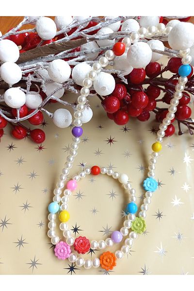 İPAR AKSESUAR Cream Pearl - Flower Figured Children's Necklace Bracelet Set.