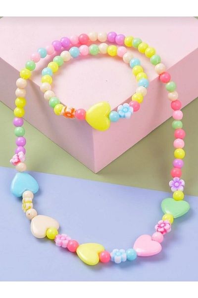 İPAR AKSESUAR Heart-daisy Figured Children's Necklace Bracelet Set.
