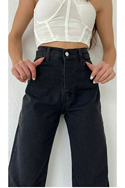 Trn JNS Black Lycra Super High Waist Loose Jean Trousers. (super High.) Wide Leg.