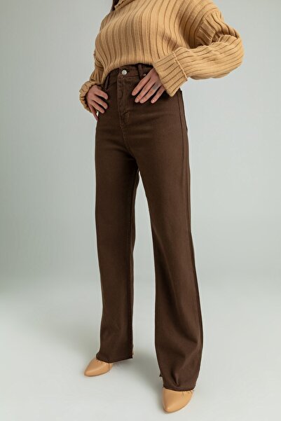 ELLEGANT Full Moon Women - Lycra Brown, kalhoty Palazzo s vysokým pasem