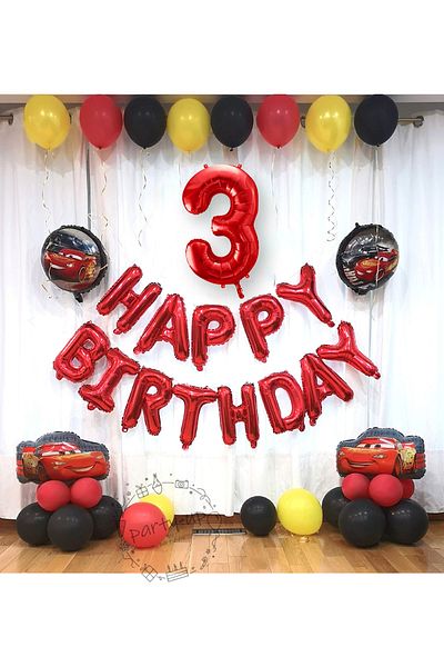 PARTİAVM Lightning Mcqueen Theme Cars Cars Red 3 Number Balloon Happy Birthday Balloon Set