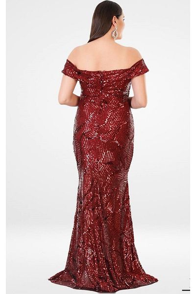 dükkan10butika Women's Plus Size Slit Sequin Embroidered Long Evening Dress Red