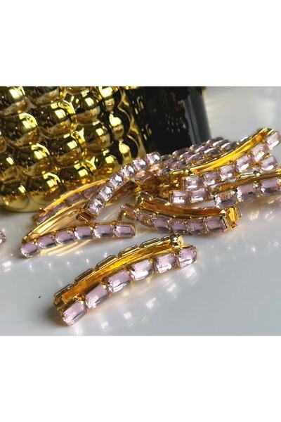 QUEEN AKSESUAR Gold Gold Metal Luxury Colored Crystal Glass Stone Banana Buckle Clip Rectangular Square Model Pink