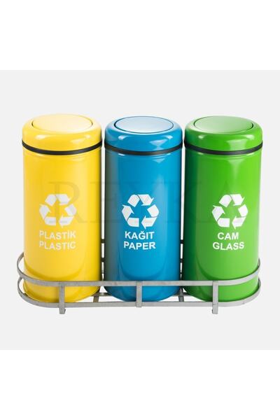 REYKA HİJYEN 3’lü Metal Sıfır Atık ,döner Kapak Geri Dönüşüm Çöp Kovası