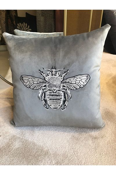 Hanlı Modern Design Decorative Throw Pillow/ Pillow with Bee Embroidery on Gray Velvet
