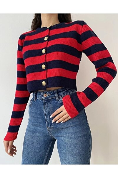 BertoNelly Foxstep Kadın Lacivert Şeritli Bisiklet Yaka Gold Düğmeli Crop Tri...