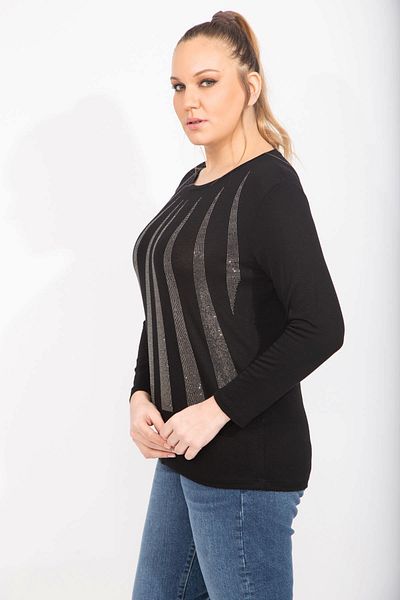 Şans Women's Large Size Black Stone Detailed Blouse 65n35466