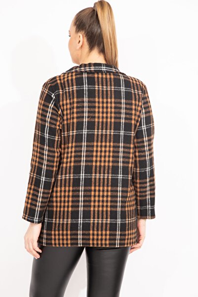 Şans Women's Large Size Tan Plaid Patterned Two Button Unlined Jacket 65n35502