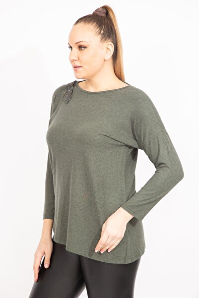 Şans Women's Large Size Green One Shoulder Low-cut Stone Detailed Blouse 65n35426