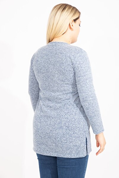 Şans Жіноча туніка великого розміру з синьої вовняної віскози з аплікацією та боковими розрізами 65n35449