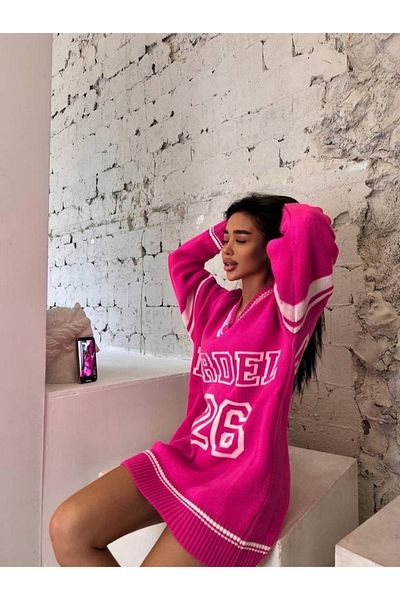 S&A Collectionn Pulover de damă, cu decolteu în V, în spate și în față, supradimensionat, lung, fucsia