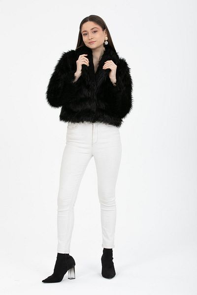 Lisirru Women's Black Long Furry Short Length Lined Shawl Collar Faux Fur Coat