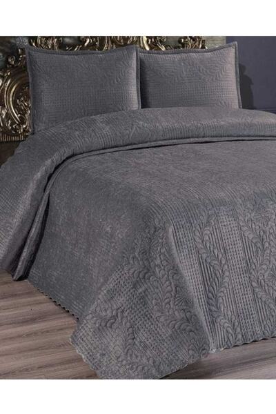 Kadınca Dükkan Tek Kişilik Velür Kadife Yatak Örtüsü Takımı Antrasit