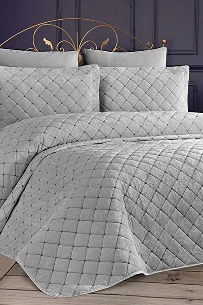 Kadınca Dükkan Çift Kişilik Avangart Kadife Yatak Örtüsü Takımı Gri