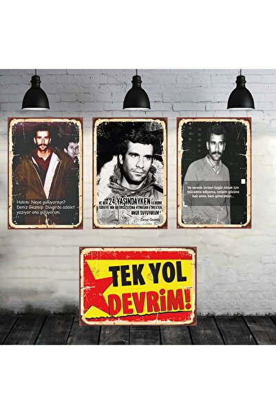 TAKIFİX Deniz Gezmiş Tek Yol Devrim Seti 4 Adet 20x30 Cm Retro Ahşap Tablo