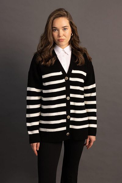 DeFacto Regular Fit V-Neck Striped Cardigan