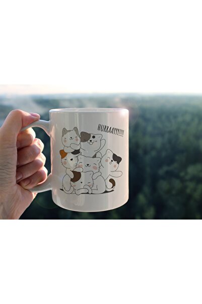 BENİMSER REKLAM Hurraaayy Cat Family Special Design Printed Ceramic Coffee Te...