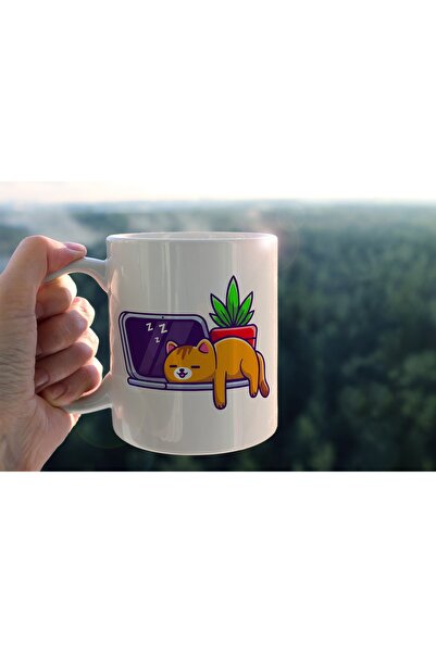 BENİMSER REKLAM Tired Cute Cat Printed Ceramic Coffee Tea Cup