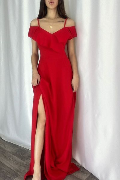 vuvutasarım Μακρύ κόκκινο φόρεμα από ύφασμα κρεπ με λεπτό λουράκι με σχισμή V λαιμόκοψη 582190