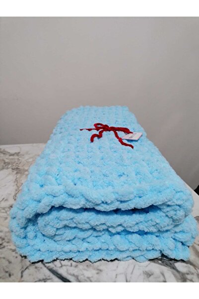Merut style El Yapımı Pufy Ip Açık Mavi Burgu Desen Bebek Battaniyesi