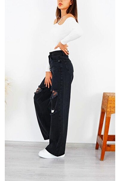 Trn JNS Rodya 90's Kadın Yırtık Siyah Salaş Likralı Süper Yüksek Bel 90's Denim Kot Pantolon Jeans