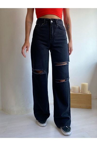Trn JNS Sacha Anii 90 Femei Ripped Negru Largi Lycra Talie Super Înaltă Anii 90 Denim Jeans Pantaloni Blugi