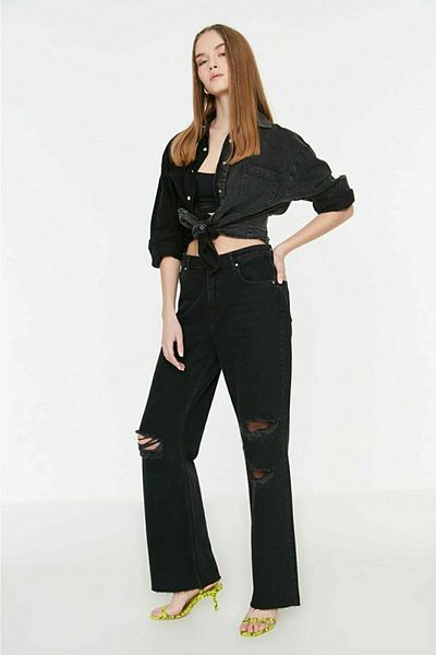 Trn JNS Rimma anii '90 femei rupte negru largi Lycra talie super înaltă anii '90 denim blugi pantaloni blugi