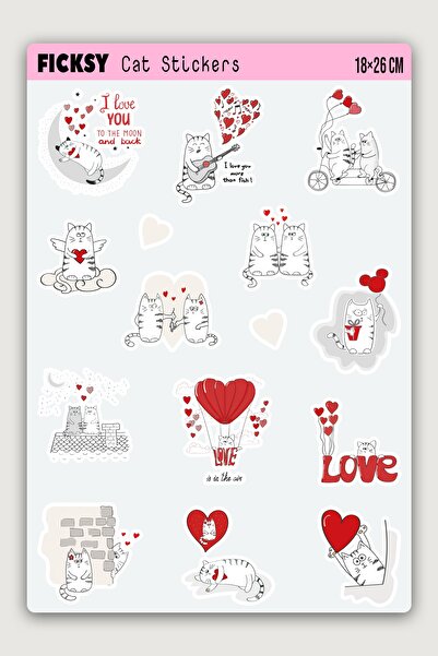 Ficksy Sevimli Kedi Aşk, Sevgi, Sevgililer Günü Temalı Sticker Seti - 15 Adet...