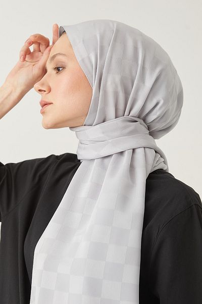 FRESCO SCARFS Γυναικείο σάλι Hijab Μεταξένιο βαμβακερό ζακάρ σκακιέρα*ασημί