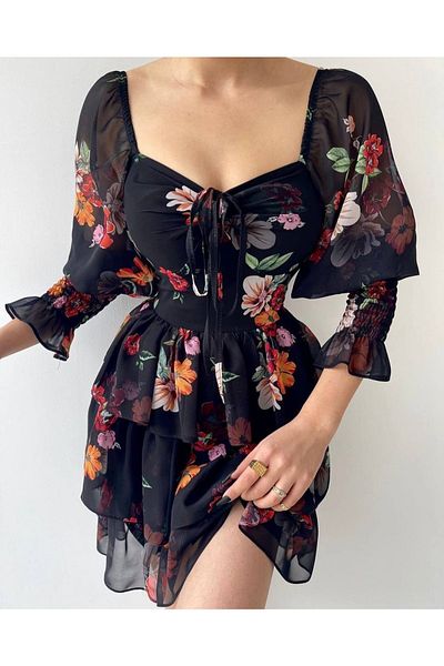MY BELLA BUTİK Tiered Black Floral Patterned Chiffon Dress