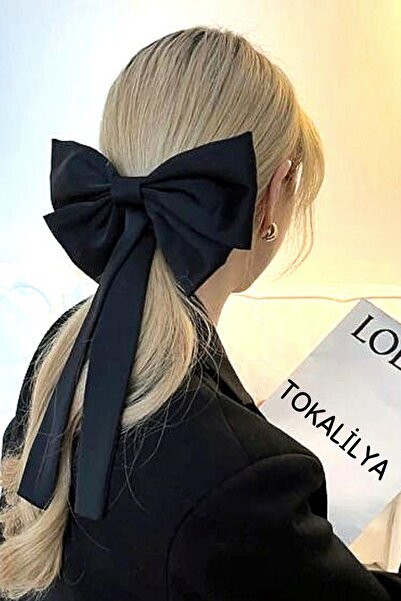 TOKALİLYA Kadın Saten Siyah Uzun Kuyruk Fiyonk Simit Otomatik Klipsli Otomatik Toka