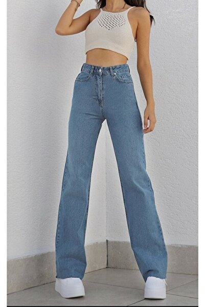 Trn JNS Scool Sweet Blue Lycra Super High Waist Loose Jean Trousers