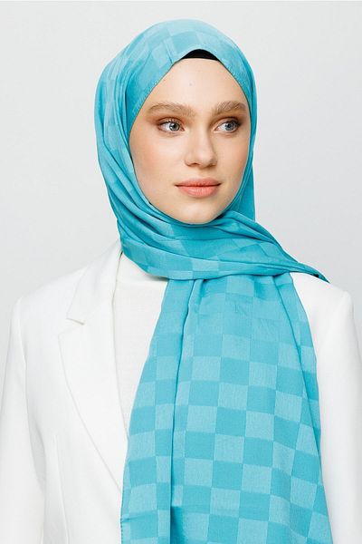 FRESCO SCARFS Γυναικείο σάλι Hijab Μεταξένιο βαμβακερό ζακάρ σκακιέρα*τιρκουάζ