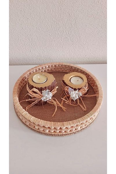 Nedabella Mandu 2-Piece Wooden Beaded Wicker Natural Raffia Tray, Decorative Tray, Decor Tray for Bathroom, Home, Table
