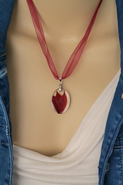 maycollection Gerçek Bordo Yapraklar Oval Epoksi Tasarım Kolye