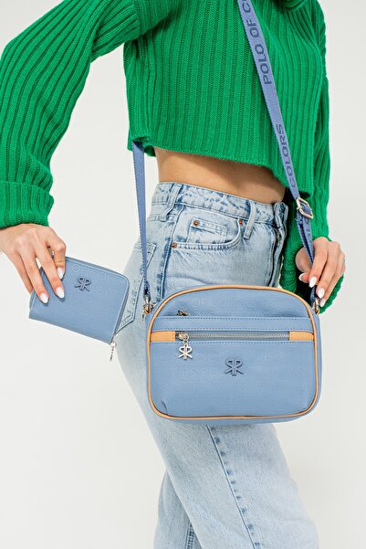 ImPolo Esta Nora Blue Camel Geantă combinată pentru femei și portofel 21x27 Portofel 10x13 Dimensiuni