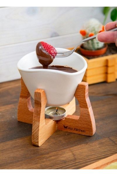JOY KİTCHEN Fondue Set - Censer with Wooden Stand and Chocolate Melter