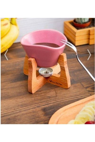 JOY KİTCHEN Fondue Set with Wooden Stand Censer and Chocolate Melter - pink