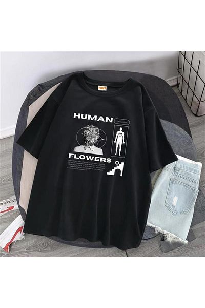 Touz Niiss Boutique - Μαύρο μπλουζάκι Unisex Oversize Human Flowers